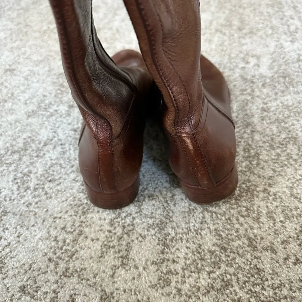 TORY BURCH Kiernan Leather Riding Boot Saddle Brown Gold Metal Logo 9